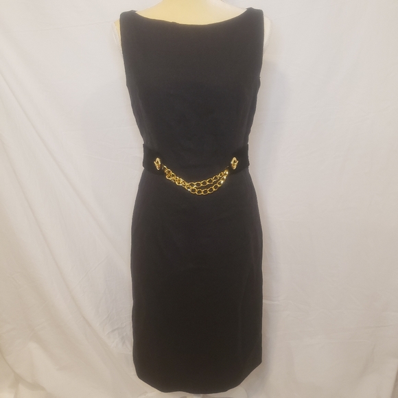 Milly Wool and Silk Sheath Charcoal Dress With Suede and Gold Belt Size  6 - Picture 1 of 7